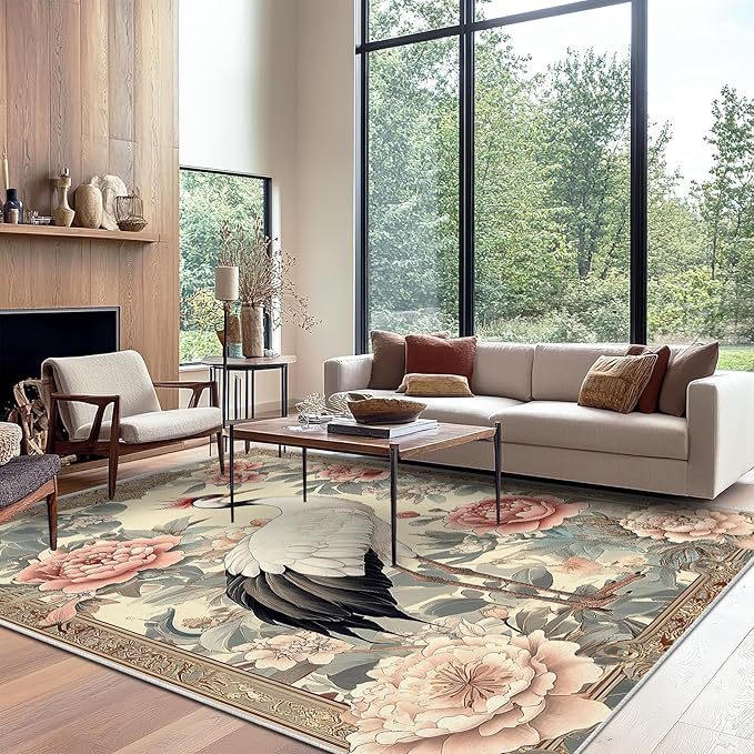 8x10 Crane Area Rugs Boho Japanese Crane Floral Rug for Living Room Indoor Soft Non-Slip Thin Large Carpet Beige Rugs for Bedroom Home Decor Under Table Washable Machine