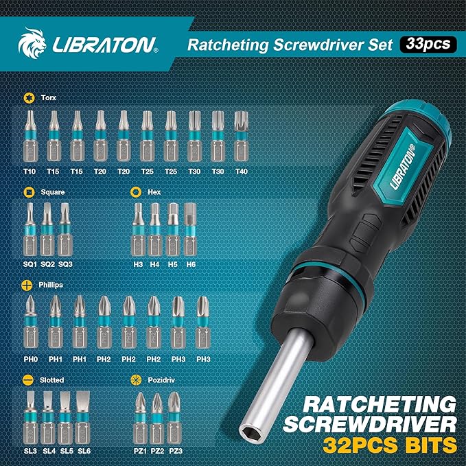 Screwdriver Set, Ratcheting Screwdriver, Multi-Bit Ratchet Screwdriver, 33-In-1Magnetic Screwdriver Set, Ratchet Screwdriver Set, Slotted/Philips/Pozi/Torx/Hex/Square Bits For Home, Auto & Diy