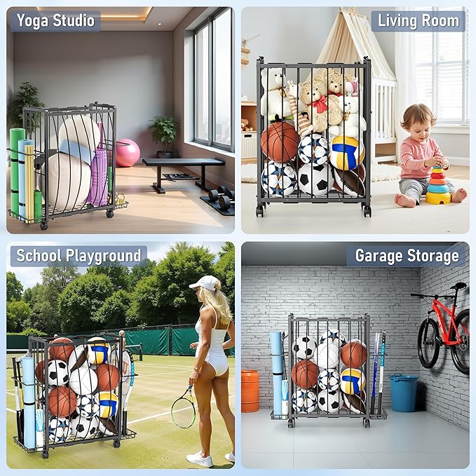 Sports Equipment Garage Organizer,Garage Ball Storage Rack for Sports with Wheels-Upgraded 3 Layers Organizer Rack Outdoor Basketball Racks for Balls with Holder and Hooks (Bright Black)