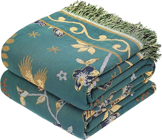 Boho 100% Organic Cotton Muslin Large Throw Blanket 60" x 80" - All Season Rustic Ultra Soft Breathable Floral Bird Blanket for Bed Sofa Couch Chair Bedspread Quilt Gift,-Teal,Beige