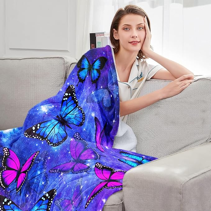 Blue Butterfly Blanket Butterfly Gifts for Women Girls, Butterflies Throw Blanket Butterfly Decorations for Bedroom Decor 80" X 60"