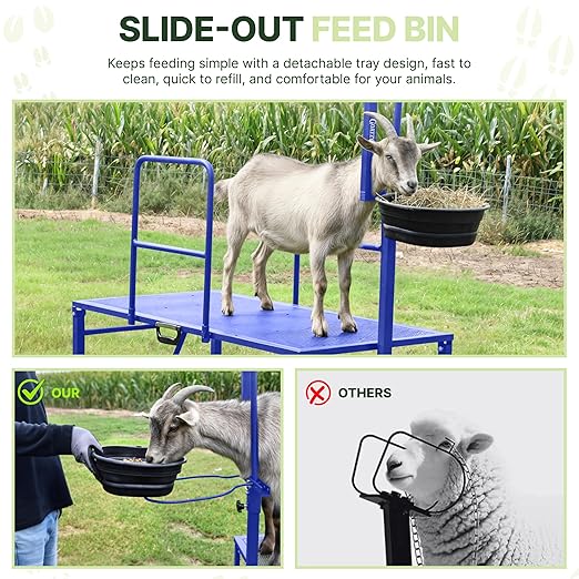Goat Stand with Adjustable Headpiece & Legs, Goat Milking Stand with Feeder, Rails & Wheels, Stanchion for Grooming & Hoof Trimming, Sheep Stand for Shearing Heavy-Duty Steel Platform, Blue