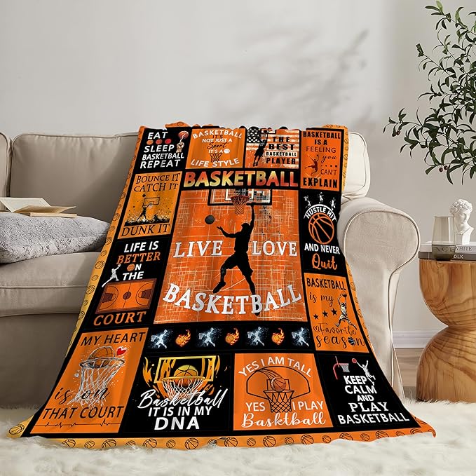 Basketball Blanket Gifts for Boys Girls Soft Warm Plush Basketball Sports Throw Blanket Flannel Fleece Fuzzy Sport Blanket for Kids Lovers Bed Couch Living Room Decor 60"X50"