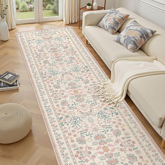 3x8 Runner Rug for Hallways Kitchen: 3x8 Washable Area Rug Boho Floral Soft Long Rug - Non-Slip Low Pile Throw Indoor Carpet for Entryway Kitchen Bedroom Laundry Bathroom- Pink