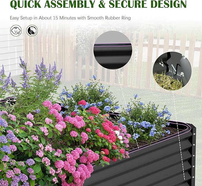 Domi 8x4x1.5ft Metal Raised Garden Beds Outdoor, Thickened Galvanized Steel Deep Root Planter Box with Stabilizing Bars & Rubber Edging for Vegetables, Flowers, Herbs - Dark Gray