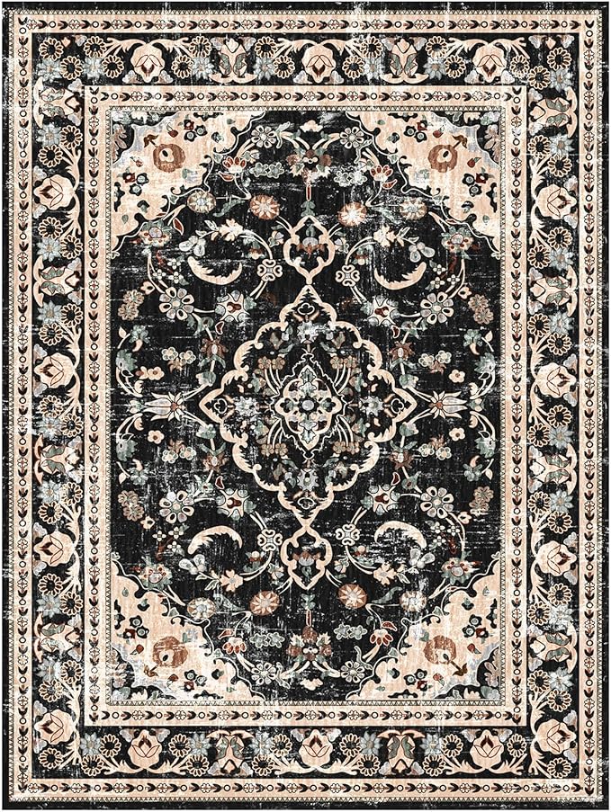 Vhong Washable Area Rugs Boho Vintage Modern Neutral Small Carpet Black and Brown 4×6 High Traffic Rugs for Dinning Room Living Room Bedroom Non Slip