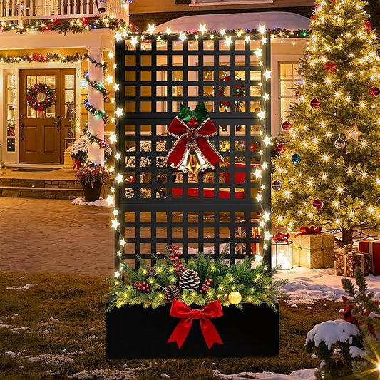 FENCY Metal Raised Garden Bed with Trellis, Metal Planter Box with Trellis, Garden Box for Climbing Plants Vegetable, 35''Lx16''Wx71''H Garden Bed with Drainage Holes(Black)