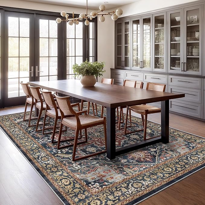 Rugland 5x7 Area Rugs - Stain Resistant Washable Rug, Anti Slip Rugs for Living Room, Vintage Tribal Area Rugs(Medallion 01-Rust/Blue, 5'x7')