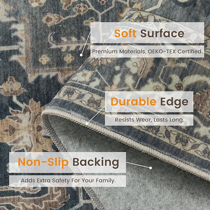 Rugland 6x9 Area Rugs - Stain Resistant Washable Rug, Anti Slip Rugs for Living Room, Vintage Tribal Area Rugs(Medallion 01-Deep/Grey, 6'x9')