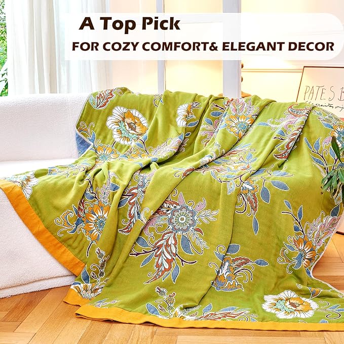 Boho Throw Blanket, 100% Organic Cotton Breathable Ultra Soft Bed Quilt Throw - All Season Luxury Floral Farmhouse Decor Blanket for Sofa Couch Chair and Gift. 91" x 98"-Green/Blue
