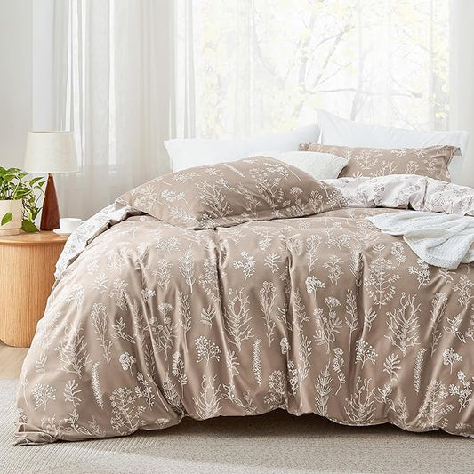 Bedsure King Comforter Set - Light Taupe Bed Set, 3 Pieces Cute Floral Bedding, 1 Soft Reversible Botanical Flowers Comforter and 2 Pillow Shams
