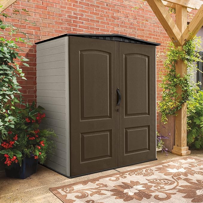 Rubbermaid Medium Vertical Resin Outdoor Storage Shed With Floor (5 x 4 Ft), Weather Resistant, Brown, Organization for Home/Backyard/Pool/Garden/Lawn Tools
