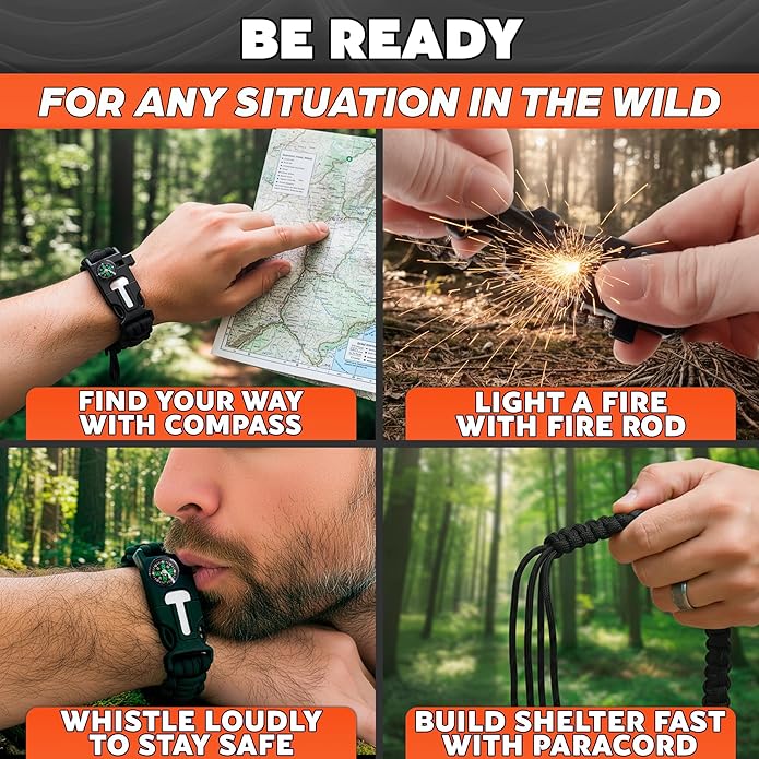 2Pack Survival Paracord Bracelet – 5-in-1 Adjustable Tactical Bracelet for Men with 10 ft Paracord, Flint Fire Starter, Compass, Whistle & Scraper – Survival Gear for Camping, Hiking, Fishing & Travel