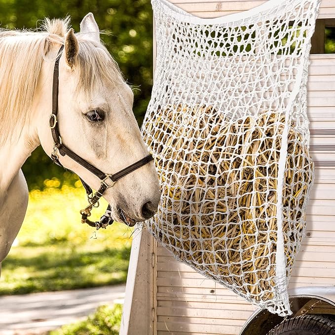 Fabbay 2 Pcs Slow Feed Hay Net Hay Feeder Bags for Horses Goat Stall Trailer Horse Feeding Supplies(63 x 40 Inch,White)