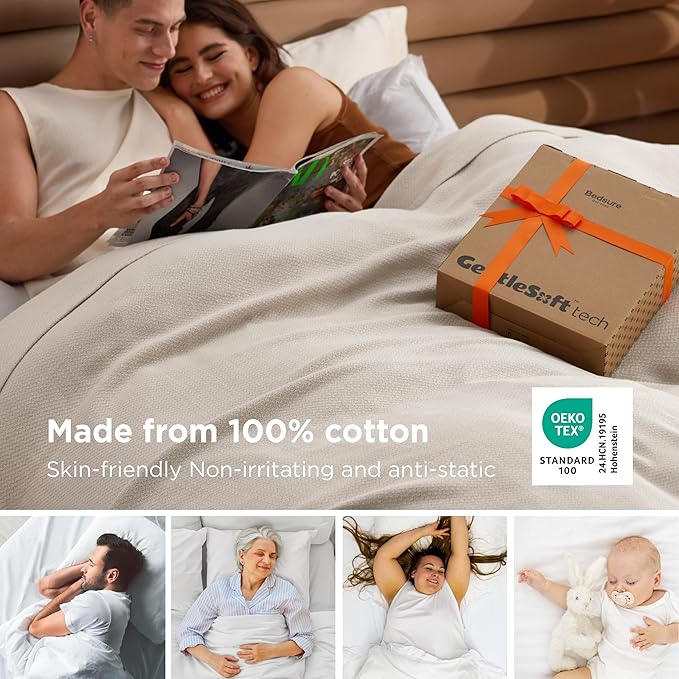 Bedsure GentleSoft 100% Cotton Blanket King Size for Bed - Breathable and Lightweight, Soft Cozy Textured Herringbone Woven Blanket for Summer, Linen Beige, 108x90 inches