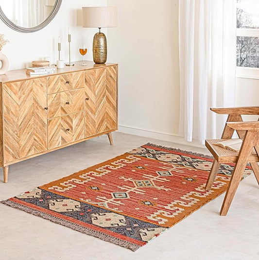 Jute Traditional Kilim Rug Boho Flatweave Area Rug for Living Room, Living Room Entryway, Tribal Series 8'x10'