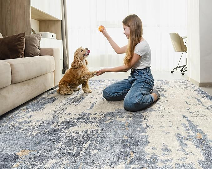 6x9 Area Rug Living Room Rugs - Washable Neutral Modern Abstract Soft Thin Rug Indoor Floor No Slip Rug Carpet for Bedroom Under Dining Table Home Office Decor - Blue/Light Brown
