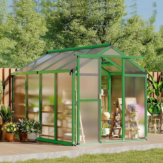 6x8 FT Greenhouse, Easy Assembly Aluminum Polycarbonate Greenhouses for Outdoors with Roof Vent, Large Aluminum Walk-in Greenhouse for Sunroom Patio, Backyard, Garden, Sliding Lockable Door, Green