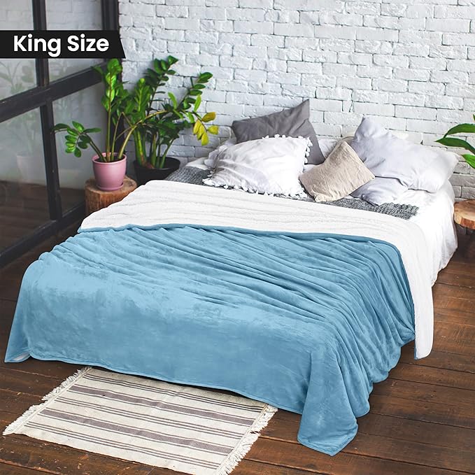Utopia Bedding Sherpa Blanket King Size (Washed Blue, 90x102 Inches) - Soft Lightweight Plush Fleece Reversible Blanket for Bed, Sofa, Couch, Camping and Travel