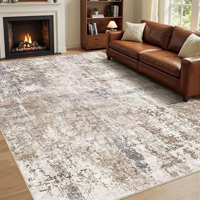 Area Rug Living Room Rugs - Washable Neutral Modern Abstract Soft Thin Rug Indoor Floor No Slip Rug Carpet for Bedroom Under Dining Table Home Office Decor - Brown/Grey/Red - 10x14