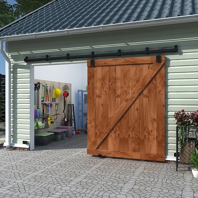 12FT Black Box Rail Exterior Sliding Barn Door Hardware Track Kit, Heavy Duty Barn Door Track Set, Wall Mount Outdoor Weatherproof Single Barn Door Hardware with 5 Track Brackets(No Doors）