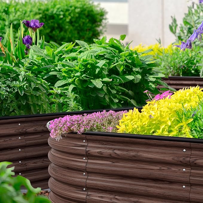 MUPATER 8x2FT Metal Galvanized Raised Garden Bed, 17''H Premium Wood Grain Raised Garden Bed Outdoor for Plants Flowers, 9-in-1 Galvanized Metal Planter Box, Rustic