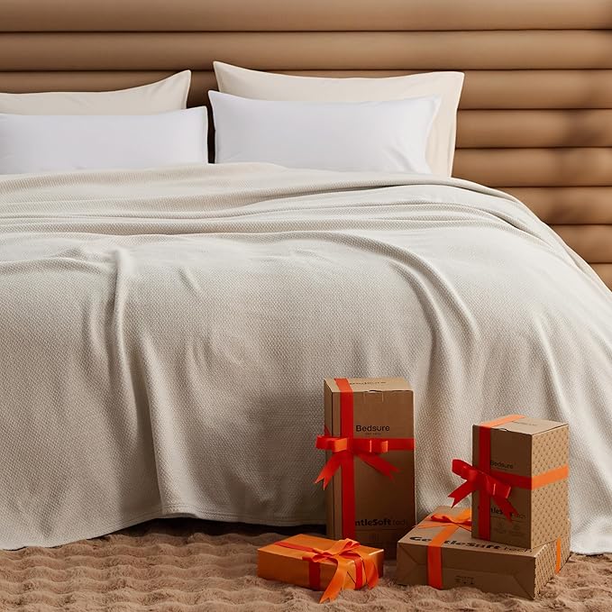 Bedsure GentleSoft 100% Cotton Blanket King Size for Bed - Breathable and Lightweight, Soft Cozy Textured Herringbone Woven Blanket for Summer, Linen Beige, 108x90 inches