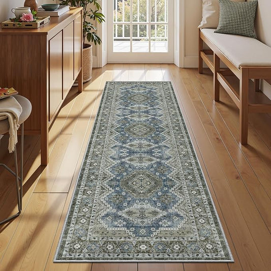 Rugland 2'6x8' Runner - Stain Resistant Entryway Rug, Anti Slip Backing Hallway Runner Rug, Vintage Tribal Area Rugs (TPR07-Green, 2'6x8')