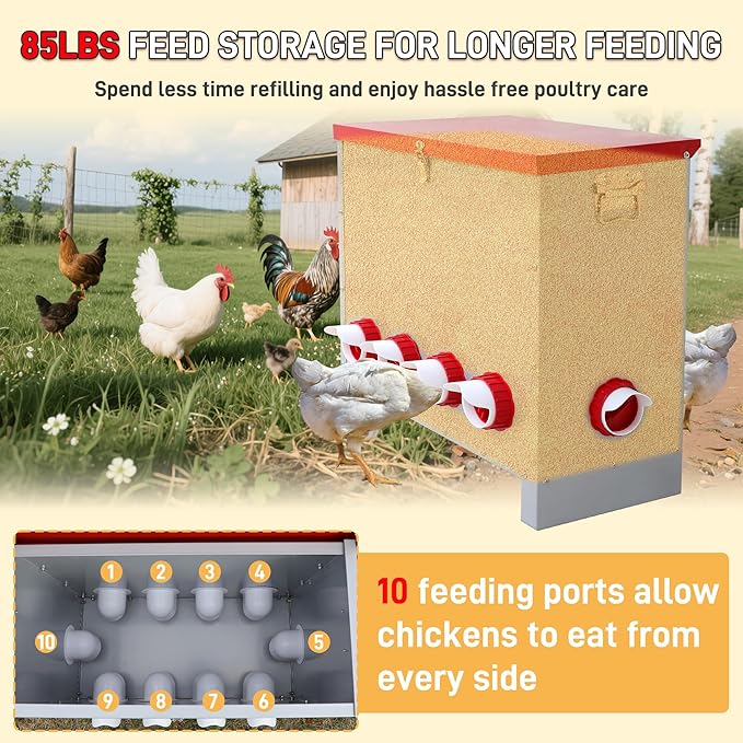 Large 85LB Automatic Chicken Feeder No Waste, Rat Proof Metal Poultry Feeder with 8 Feeding Ports, Rust-Proof Galvanized Steel Auto Chicken Feeder with Locking Lid for Chickens, Geese, Duck & Poultry
