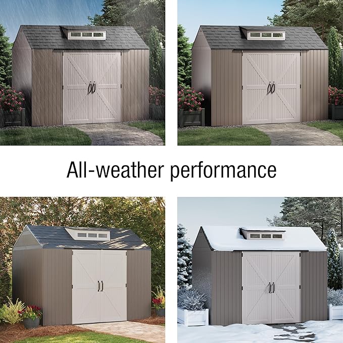 Rubbermaid Extra Large Resin Outdoor Storage Shed With Floor (7 x 10.5 Ft.) Weather Resistant Brown Organization for Home/Lawn Mower/Backyard Equipment/Bike Storage/Pool Supplies