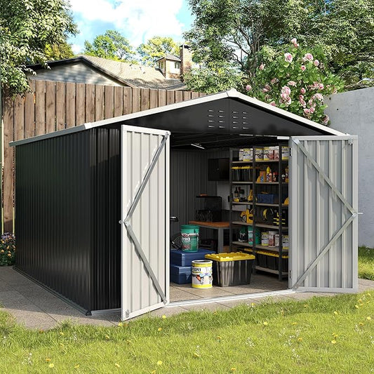 UDPATIO Outdoor Storage Shed 10x12 FT, Outdoor Storage Metal Galvanized Steel Yard, Patio, Lawn, Tool Shed with Lockable Door for Can, Bike, Lawnmower, Generator,Dark Grey