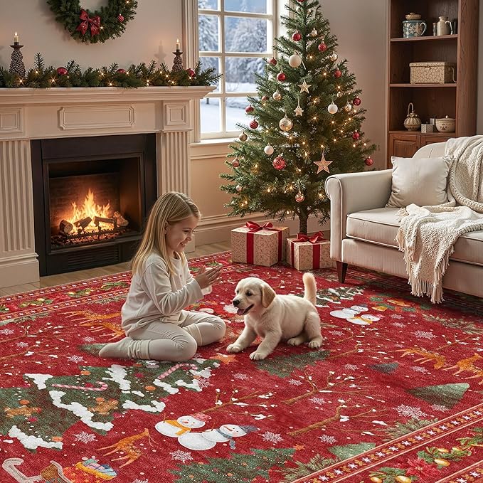 Christmas Area Rug Living Room Rugs: 8x10 Neutral Modern Washable Festive Soft Thin Non-Slip Indoor Carpet for Bedroom Dining Table and Home Office Holiday Decor - Red