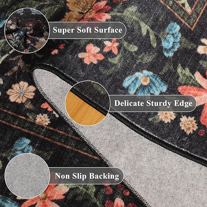 DUKINO 2x3 Entryway Rug, Floral Washable Area Rug with Non Slip Indoor Door Mat, Vintage Low Pile Small Front Door Throw Carpet for Kitchen, Entrance, Bathroom, Bedroom, Black