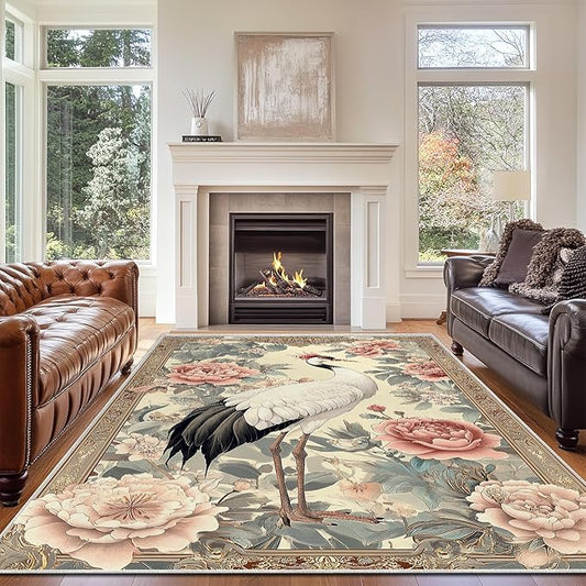 8x10 Crane Area Rugs Boho Japanese Crane Floral Rug for Living Room Indoor Soft Non-Slip Thin Large Carpet Beige Rugs for Bedroom Home Decor Under Table Washable Machine