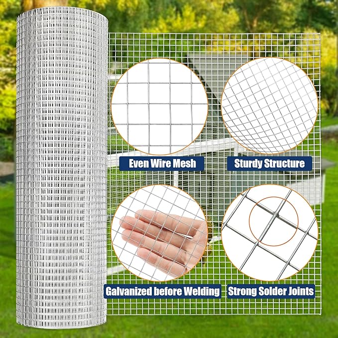 1/2inch 24Inch（H）x50Ft（L）19 Gauge Hardware Cloth Chicken Wire Fencing Hot-Dipped Galvanized Welded Chicken Wire Mesh Roll Metal Fence for Poultry Cage Home Improvement Projects