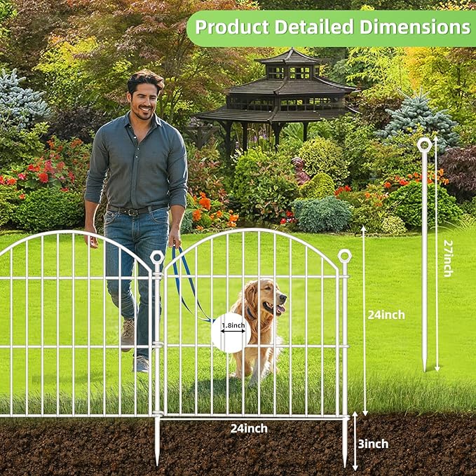 Decorative Garden Fence 24in (H) x20ft (L), 10 Pack No Dig Fence Animal Barrier for Dog, Arched Flower Bed Edging, Wire Border Panel Fencing for Yard Patio Outdoor Decor White