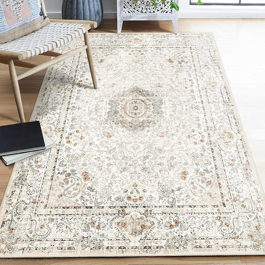 Boho Rug 4'x6.5',Washable Area Rugs for Bedroom Living Room Kitchen Entryway,Small Vintage Bohemian Distressed Non Slip Carpet,Beige