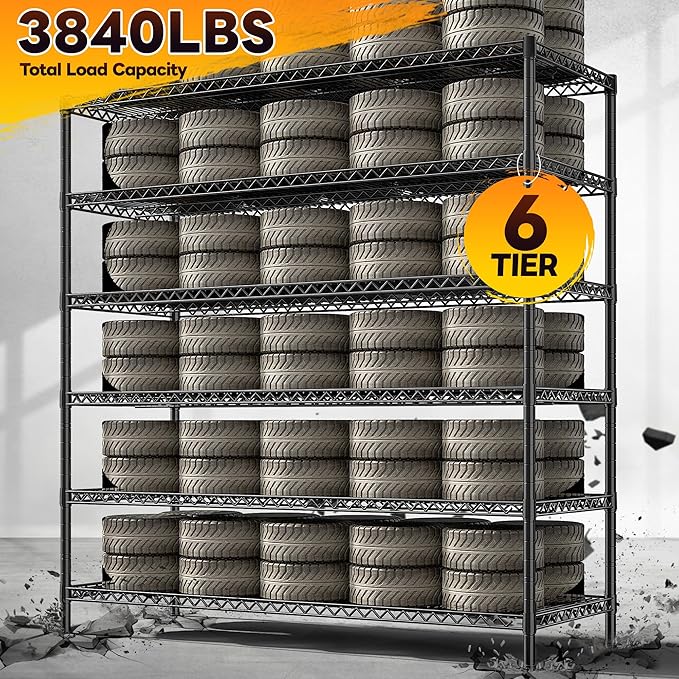 REIBII 83" H Storage Shelves 3840LBS Metal Shelving Unit 6 Tier Wire Shelving Commercial Adjustable Garage Shelving Heavy Duty for Storage Rack for Pantry, Garage, Kitchen, 83" H x 55.5" W x 18" D