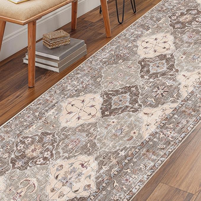 Boho Vintage Area Rugs 2×6 Washable Non-Slip Traditional Brown Runner Rug for Hallway Kitchen Entryway