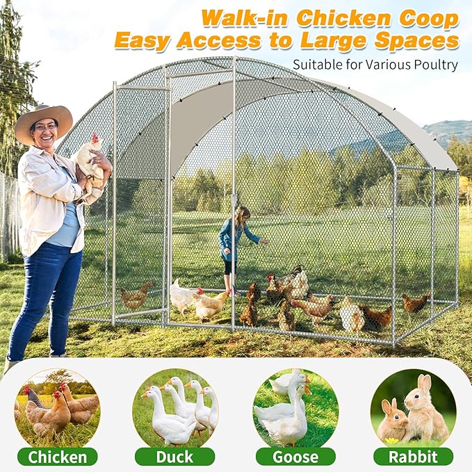 VINGLI Chicken Coop, Large Metal Poultry Cage for Chicken Run, Walk-in Chicken Pen with Waterproof & Anti-UV Cover Outdoor (Silver-Dome Roof, 9.8 * 9.8 * 6.5 ft)