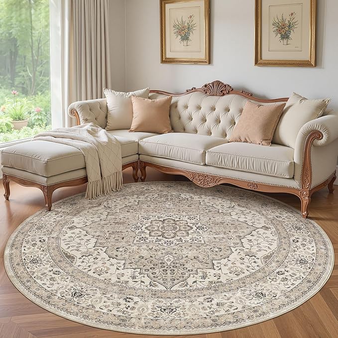 Washable 8 Ft Round Area Rug - Vintage Floral Stain & Fade Resistant Non-Slip Backing Carpet for Living Room, Bedroom, Dining Room, Home Office Floor Decor Large Carpets (Brown/Beige)