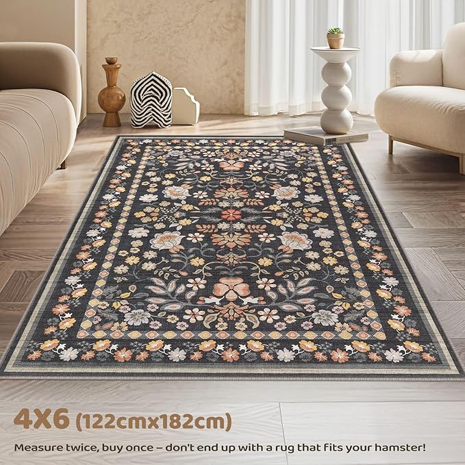 4x6 Area Rug Living Room Rugs - Washable Boho Vintage Floral Large Soft Non Slip Thin Rug Low Pile Carpet for Bedroom Dining Room Kids Playroom Office Decor Indoor- Black Grey