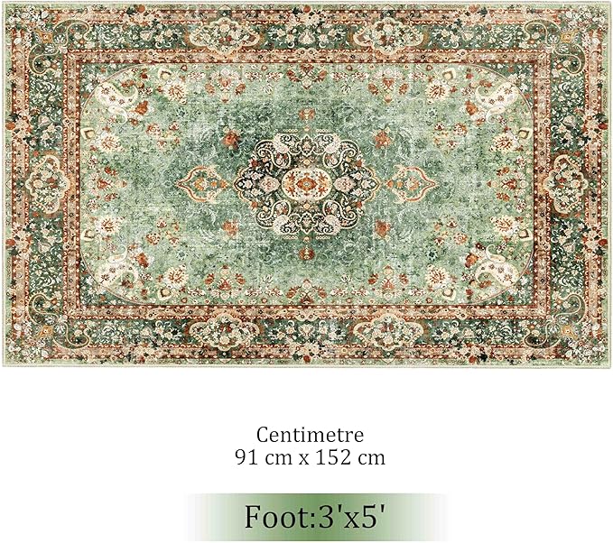 Green Rug 3x5,Washable Area Rugs for Bedroom Living Room Kitchen Entryway,Small Boho Vintage Bohemian Distressed Oriental Non Slip Carpet