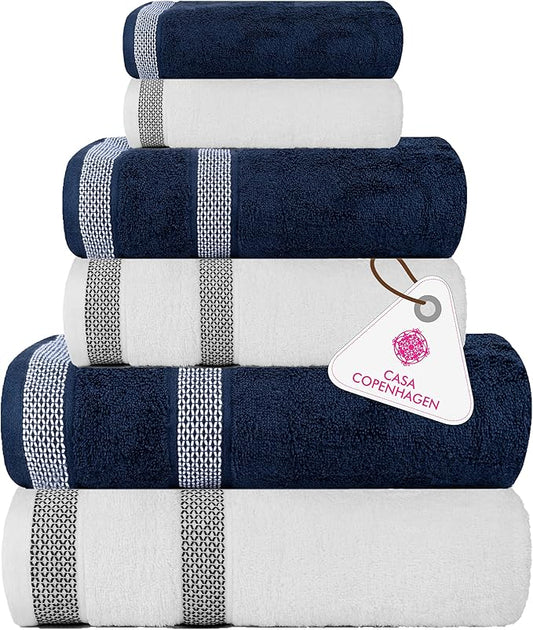 CASA COPENHAGEN Solitaire Mix 6 Pieces Towel Set- Navy + White, 600 GSM 2Bath Towel 2Hand Towel 2Washcloth, Designed in Denmark Made of Soft Egyptian Cotton for Bathroom, Kitchen & Shower