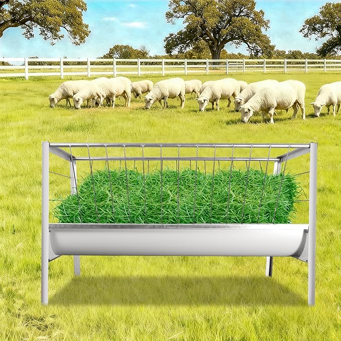 2-in-1 Goat Hay Feeder, Galvanized Steel Livestock Hay Feeder with 30 Gallon Feeding Pan, Detachabe Hay Rack for Sheep, Cow & Horse, Easy to Assemble, Silver