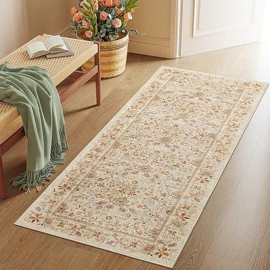 DUKINO 2x5 Washable Runner Rug, Floral Non Slip Bathroom Rugs with Soft Low Pile Design, Lightweight Non-Shedding Carpet Runner for Bathroom, Kitchen, Hallway, Bedroom, Laundry, Beige