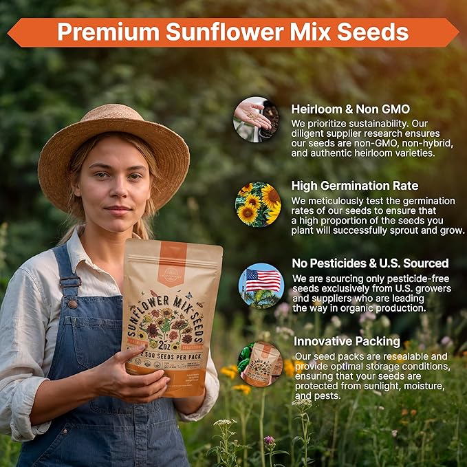 Sunflower Mix Seeds Pack 2 oz - Over 2,500 Non-GMO Heirloom Sunflower Seeds for Planting, Annual Flowers in Individual Seed Packet for Planting Home Garden Indoor & Outdoor Gardening
