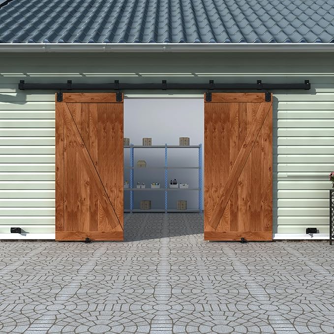 12FT Black Box Rail Exterior Barn Door Hardware Track Kit for 2 Doors, Heavy Duty Barn Door Track Set, Wall Mount Outdoor Weatherproof Double Door Hardware with 7 Track Brackets(No Doors