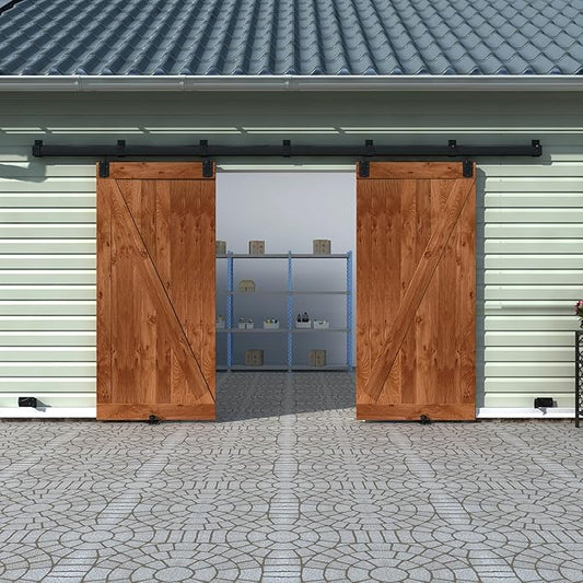 12FT Black Box Rail Exterior Barn Door Hardware Track Kit for 2 Doors, Heavy Duty Barn Door Track Set, Wall Mount Outdoor Weatherproof Double Door Hardware with 7 Track Brackets(No Doors