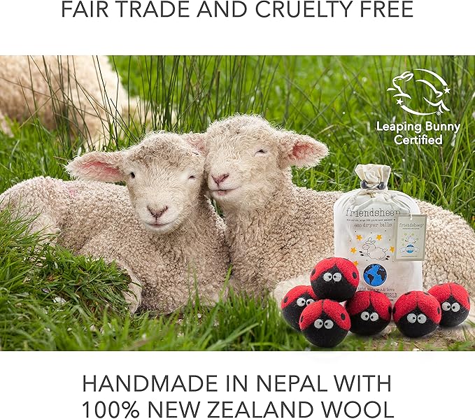 Friendsheep Wool Dryer Balls, Organic Reusable Fabric Softener Alternative for Laundry, Handmade, Fair Trade, Hypoallergenic, Eco-Friendly, Plastic-Free (6 Pack XL – Ladybugs)